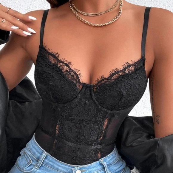 BLACK LACE BODYSUIT CHIC CLASSY SEXY - Picture 1 of 6